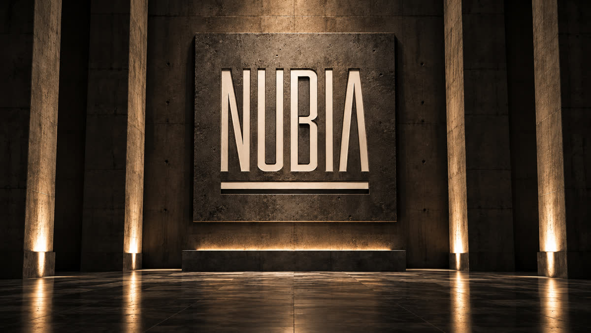The name NUBIA set into a monumental concrete wall.