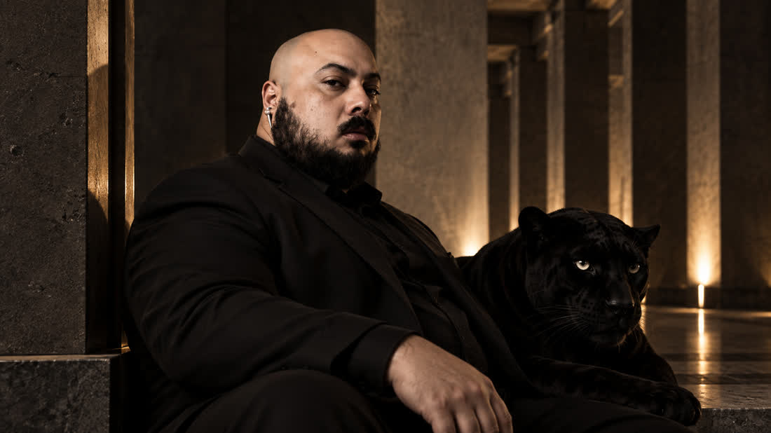Juan Carlos Cerna Lung seated in a monumental stone colonnade, a panther beside him.
