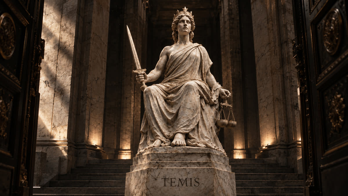 A statue of Themis holding scales and a sword.